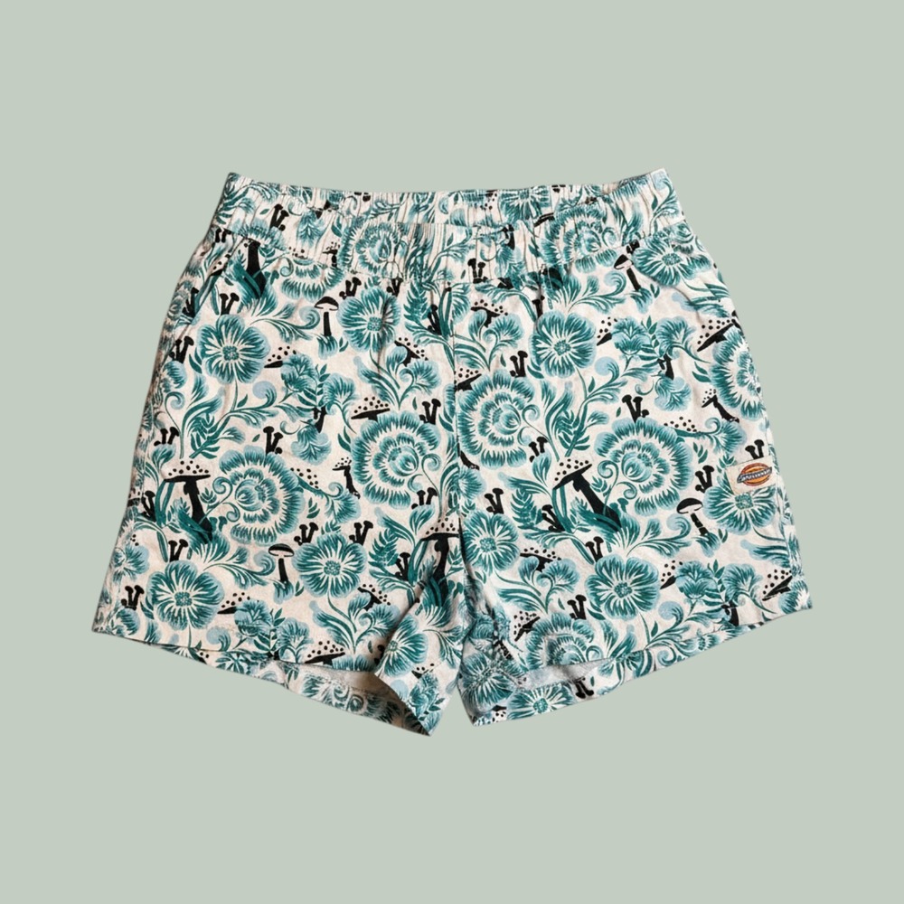Dickies Shorts Womens Small White Teal Mushroom Floral Print Casual Skater